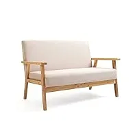 mingone fauteuil en bois relax scandinave canapé salon 2 places simple chaise tissu en lin moderne design sofa pour chambres à coucher jardin (beige)