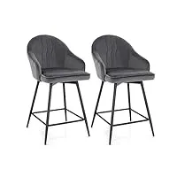 costway tabourets de bar pivotants lot de 2, chaise de bar en velours avec repose-pieds et dossier confortable, hauteur assise 61 cm, cadre en métal noir, chaise haute pour Îlots cuisine, bistro