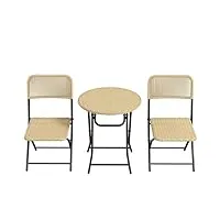 outsunny ensemble salon de jardin 2 places table ronde avec 2 chaises pliables en résine tressée et métal, beige et noir