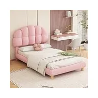 komhtom lit simple rembourré avec sommier à lattes en bois, 90x200cm lit d'enfan avec tête de lit, cadre de lit plateforme(sans matelas) (rose)