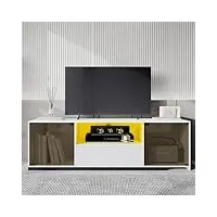 merax meuble tv bas avec éclairage led et design coulissant pour un téléviseur de 160 cm - blanc 307069070waa
