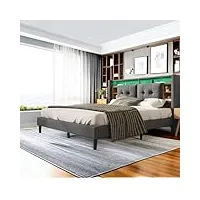 bgsryao lit capitonné 160 x 200 cm, tête de lit coffre avec chargement usb et lumière led, en bois, gris (matelas non inclus)