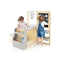 dreamade table à dessin en bois enfant 3+ans avec banc&tableau enfant,chevalet enfant double face avec table d’art&bibliothèque&porte-rouleau de papier&marqueur (gris, avec chevalet)