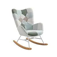 meuble cosy fauteuil à bascule allaitement scandinave rocking chaise loisir et repos en tissu patchwork avec pieds en massif bois métal pour salon, chambre, 69x85x97cm