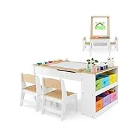 dreamade table à dessin et 2 chaises en bois enfants,bureau d'art tout-petits avec plateau inclinable&6 tiroirs en tissu&5 palettes&rouleau de papier,charge 90+50kg (naturel)