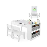 dreamade table à dessin et 2 chaises en bois enfants,bureau d'art tout-petits avec plateau inclinable&6 tiroirs en tissu&5 palettes&rouleau de papier,charge 90+50kg (blanc)