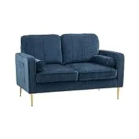 homcom canapé 2 places meuble de salon avec pieds en acier doré, grand confort, pochettes latérales, pour salon, bureau, chambre, bleu