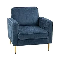 homcom fauteuil de salon avec pieds en acier doré,canapé 1 place confortable, pochettes latérales, pour salon, bureau, chambre, bleu