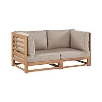 canapé de jardin 2 places en bois d'acacia certifié ton clair et coussins gris en polyester trani