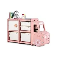 costway meuble de rangement jouets pour enfant en forme camion avec 2 bac & 2 tiroirs, etagère à jouet en hdpe avec 1 placard, bibliothèque pour chambre salle de jeux, 110x32x66cm, rose