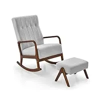 costway fauteuil salon à bascule avec repose-pieds, chaise berçante avec cadre en bois d'hévéa et coussin rembouré, fauteuil de relaxation pour chambre, balcon, charge 150kg pour fauteuil (gris)