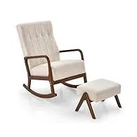 costway fauteuil salon à bascule avec repose-pieds, chaise berçante avec cadre en bois d'hévéa et coussin rembouré, fauteuil de relaxation pour chambre, balcon, charge 150kg pour fauteuil (beige)