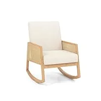 costway fauteuil salon à bascule, chaise berçante rembourée avec cadre en bois d'hévéa, fauteuil de relaxation avec accoudoirs en rotin, chaise d'appoint pour balcon, chambre, charge 150kg, beige