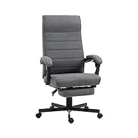 vinsetto fauteuil de bureau ergonomique, chaise de bureau, pivotant, inclinable, en tissu aspect lin avec accoudoirs, hauteur réglable et repose-pied rétractable, gris