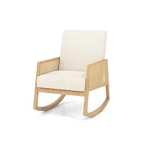 giantex chaise à bascule tapissée pour adulte avec dossier haut et accoudoirs en rotin pour intérieur et extérieur, fauteuil à bascule avec structure en bois d'hévéa, pour salon, chambre