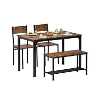 sdhyl ensemble table de salle à manger avec 2 chaises et 1 banc avec étagère cadre en acier pour 4 personnes vintage