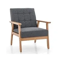 costway fauteuil de salon 1 place avec cadre en bois d’hévéa & tissu en lin respirant, fauteuil scandinave rembourré boutonné pour chambre, bureau, salle d'Étude, charge 150 kg, 72 x 65 x 76 cm