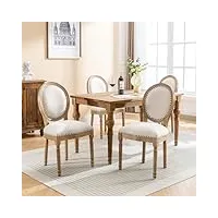 lot de 4 chaises de salle à manger, chaises de cuisine avec décorations de clous en cuivre, pieds en bois massif pieds avant réglables sièges en lin, crème