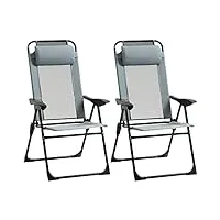 outsunny lot de 2 chaises de jardin set basic de 2 chaises pliantes chaise de camping chaise de balcon accoudoir dossier réglable en 5 positions oreiller amovible fourni tissu oxford textilène gris