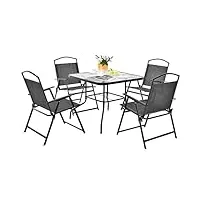 costway ensemble de salon de jardin 5 pièces, 4 chaises pliantes 1 table basse en verre trempé avec trou pour parasol cadre en métal, pour patio terrasse piscine cour, noir+gris