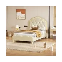 merax lit capitonné, lit simple, pour enfant, avec bandes led et lattes en bois, blanc