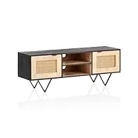 wohnling lowboard mango meuble tv en bois massif/rotin 120 x 44 x 35 cm avec deux portes | meuble tv design avec passage de câble | meuble tv moderne | commode tv salon