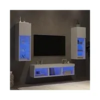 ikayaa meuble tv suspendu led ensemble meuble tv led banc tv de salon meuble tv mural suspendu led ensembles de meubles de salon bois d'ingénierie-5 pcs-blanc