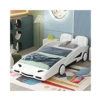 hyub lit simple 90 x 200 cm, forme de voiture, avec sommier à lattes, lit de jeu pour enfant, avec protection anti-chute, cadre en pin, meuble pour enfants, cuir synthétique, blanc