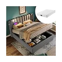 lit capitonné avec matelas et sommier à lattes, tissu en velours, lampe de lecture, charge usb et espace de rangement, 140 x 200 cm, gris