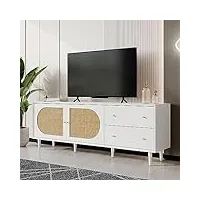 merax meuble tv bas pour téléviseur de 200 cm - buffet de salon - meuble tv avec 2 tiroirs et 2 portes avec design élégant en rotin - blanc