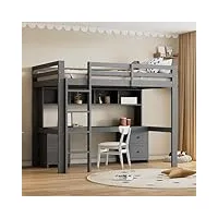 athrz lit mezzanine 90 x 200 cm, lit d'enfant, lit en haut, table en bas, grand espace de rangement, rampe haute, escalier stable, gris
