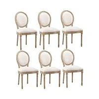lot de 6 chaises de salle à manger, de cuisine, rembourrées, avec dossier haut, pieds en bois massif, assise rembourrée en lin, avec clous en cuivre, blanches