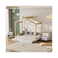 dolamaní lit de maison 90 x 200 cm et 90 x 190 cm avec lit gigogne extensible, lit d'enfant, avec quatre étagères, lit simple, lit en bois, cadre en pin, mdf, blanc (lit de maison)