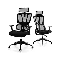 giantex chaise de bureau ergonomique réglable en maille respirante avec appui lombaire avec appuie-tête et accoudoirs, pivotante avec siège rembourré, noir