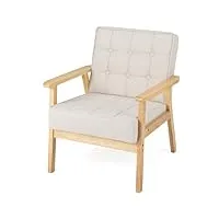 costway fauteuil de salon 1 place avec cadre en bois d’hévéa & tissu respirant, fauteuil scandinave rembourré boutonné pour chambre, bureau, salle d'Étude, charge 200 kg (beige, 57 x 68 x 78 cm)