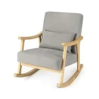 costway fauteuil salon à bascule avec oreiller lombaire, fauteuil rembourré avec cadre en bois massif, chaise berçante d’allaitement, fauteuil de relaxation pour chambre, charge 200kg (naturel)