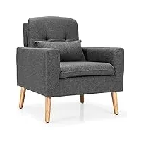 homasis fauteuil lounge avec dossier et accoudoirs, fauteuil de relaxation en bois massif, canapé simple rembourré avec coussin, fauteuil pour salon, bureau et chambre à coucher, 77 x 73 x 85 cm, gris