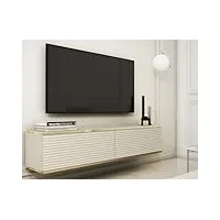 bettso oro meuble tv suspendu - commode tv - 135 cm de large - avec décoration dorée - table tv - glamour - 3 portes abattantes - armoire murale - meubles de salon - mat beige rainuré