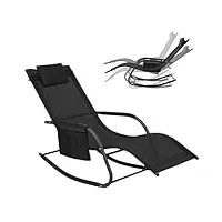 woltu bain de soleil jardin exterieur, chaise longue jardin, fauteuil à bascule transat de jardin avec appui-tête, accoudoirs et poche latérale, noir, ls005sz