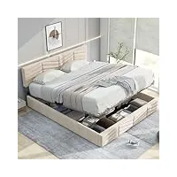 sunny living lit coffre 140×200cm, lit double avec rangement, tête de lit réglable en hauteur, sommier à lattes en bois, velours-beige