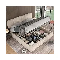 sunny living lit coffre 180×200cm, lit double avec rangement, tête de lit réglable en hauteur, sommier à lattes en bois, velours, beige