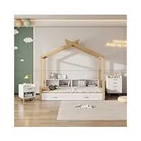 hyub ensemble chambre d'enfant - lit cabane 90 x 200 cm avec lit gigogne extensible et table de chevet + commode - lit complet - lit cabane dans l'arbre avec sommier à lattes et compartiment de