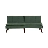 canapé clic-clac 3 places vert en tissu rembourré et pieds bois divisé en 2 convertible en lit confortable salon moderne