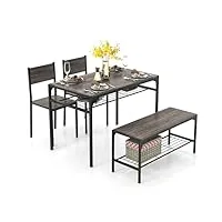 costway ensemble table et chaise pour 4 personnes, table cuisine avec chaise et banc, table à manger 110 x 65 cm avec Étagère, cadre en métal, pour salle à manger, restaurant, café, cuisine(gris)