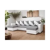 best mobilier - romy - canapé panoramique en u - 7 places - convertible avec coffre - en tissu et pu - blanc/gris