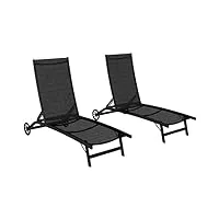 outsunny lot de 2 bains de soleil transat chaise longue inclinable en aluminium et textilène avec roulettes dossier multipositions charge max. 150 kg noir