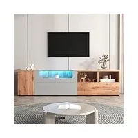 merax meuble tv bas avec led, plateau en verre avec compartiments et portes, gris clair et bois