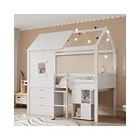 kecduey lit mezzanine, 90 x 200 cm, pour enfant, avec sommier à lattes, forme de maison, lit de maison avec table extensible, trois tiroirs, étagère, blanc