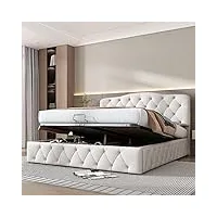 lit capitonné 140 x 200 cm avec coffre de lit hydraulique - blanc - tête de lit réglable en hauteur - motif lychée - cuir synthétique - montage facile (sans matelas)