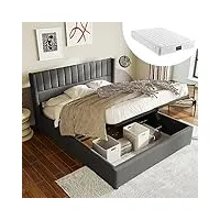 lit coffre 140 x 200 cm avec matelas, sommier à lattes en bois, ouverture hydraulique, tissu en lin, gris/beige, design moderne